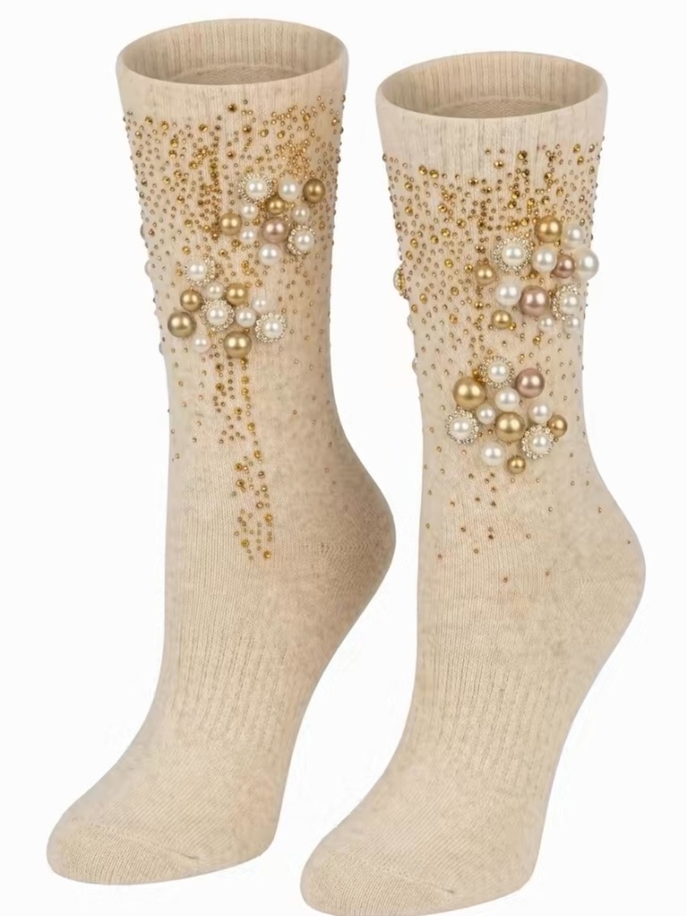 Pearl & Gold Beaded Embellished Crew Socks Cozy Knit Glam